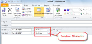 set default meeting duration in outlook