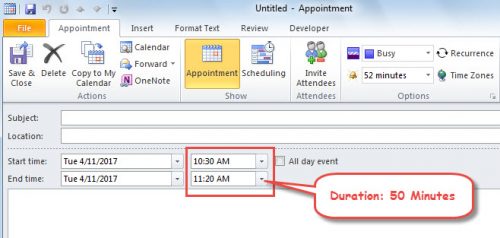 default meeting duration outlook