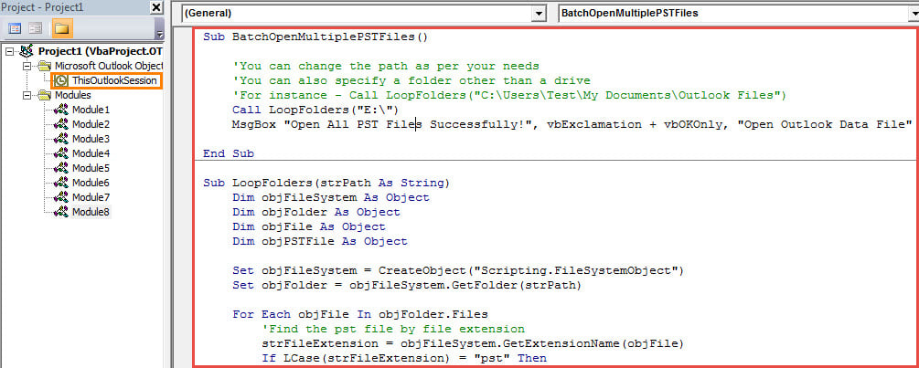 VBA Code - Batch Open Multiple Outlook PST Files at Once