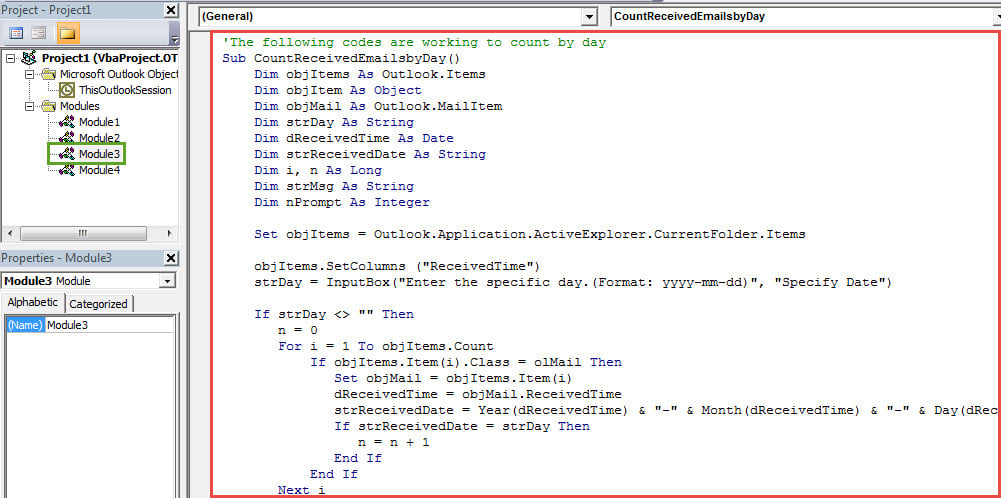 VBA Codes - Count Incoming Emails by Date