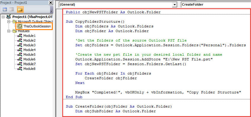 VBA Codes - Copy Folder Structure from One Outlook PST File to Another