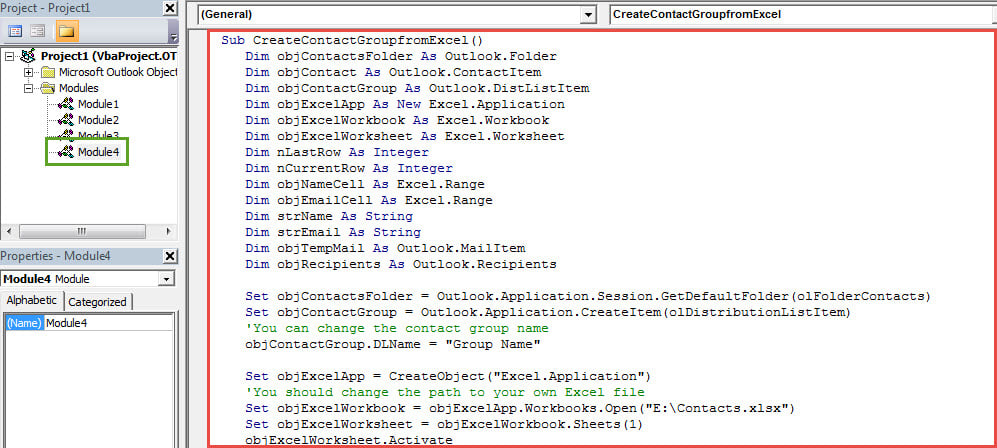 VBA Codes - Create a Contact Group from a List of Contacts in an Excel File