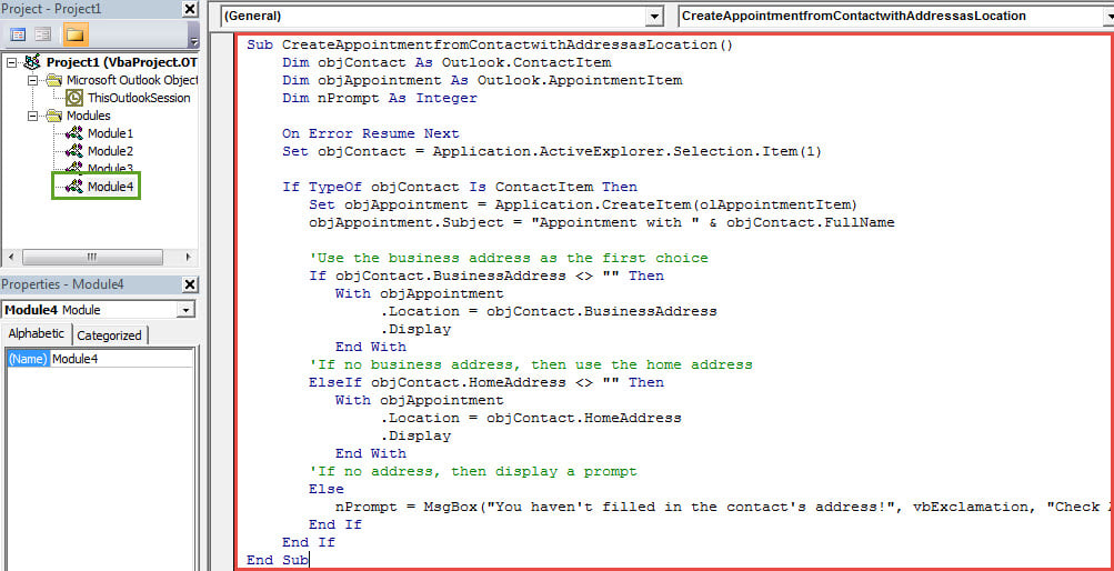 VBA Codes - Create an Appointment Located at the Address of a Contact