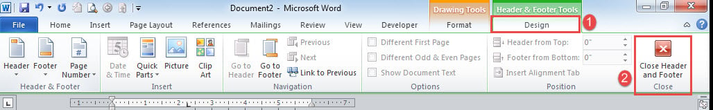 Click "Design"->Click "Close Header and Footer"