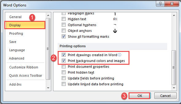 Click "Display"->Check Print Options->Click "OK"