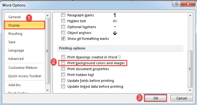 Click "Display"->Clear "Print background colors or images" Box->Click "OK"