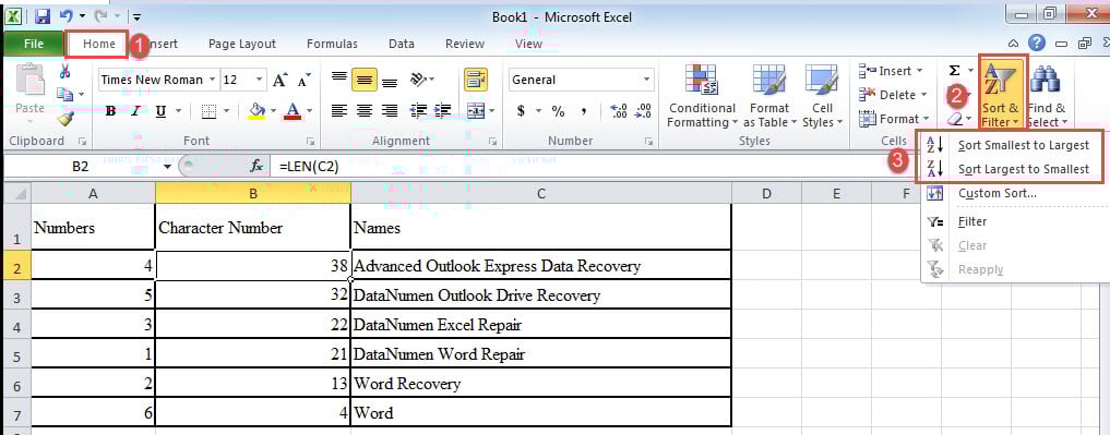 Click "Home"->Click "Sort &Filter"->Choose a Sorting Rule