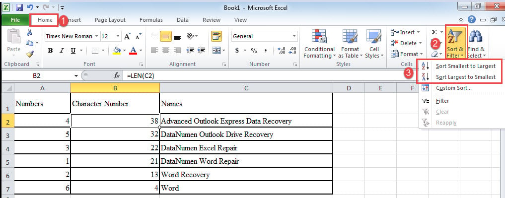 Click "Home"->Click "Sort &Filter"->Choose a Sorting Rule