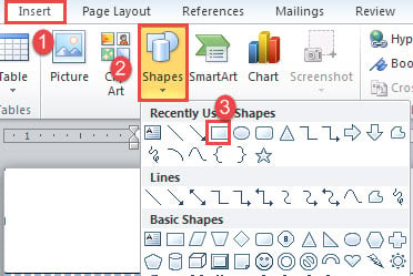 Click "Insert"->Click "Shapes"->Click "Rectangle"