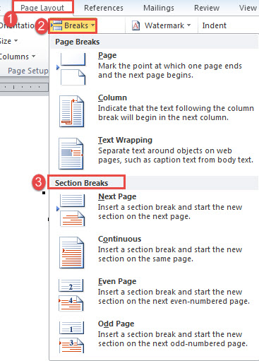 Click "Page Layout"->Click "Breaks"->Choose a Section Break Type