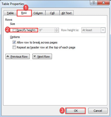 Click "Row" ->Clear "Specify height" Box->Click "OK"