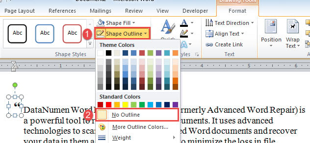 Click "Shape Outline"->Choose "No Outline"