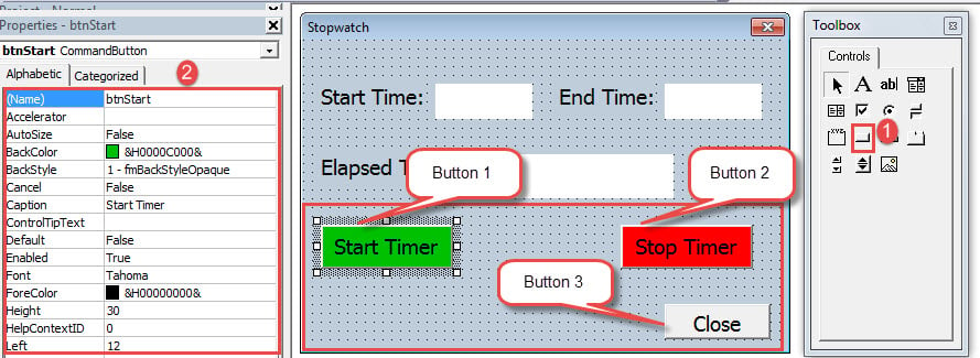 Create Three Buttons->Set Button Properties