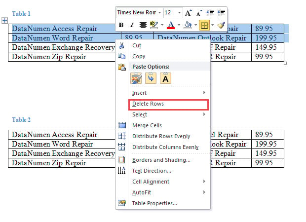 Right Click and Choose "Delete Rows"