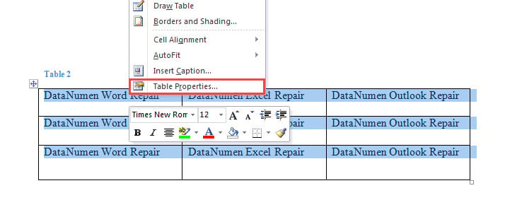 Right Click->Choose "Table Properties"