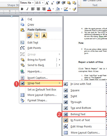 Right Click ->Choose "Wrap Text"->Choose "Behind Text"
