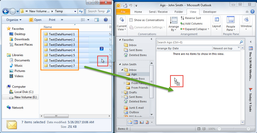 Drag and drop the selected emails to the visible Outlook folder