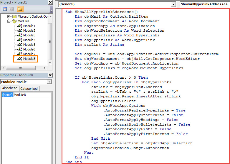 VBA Code - Extract & Show All Hyperlink Addresses in an Email