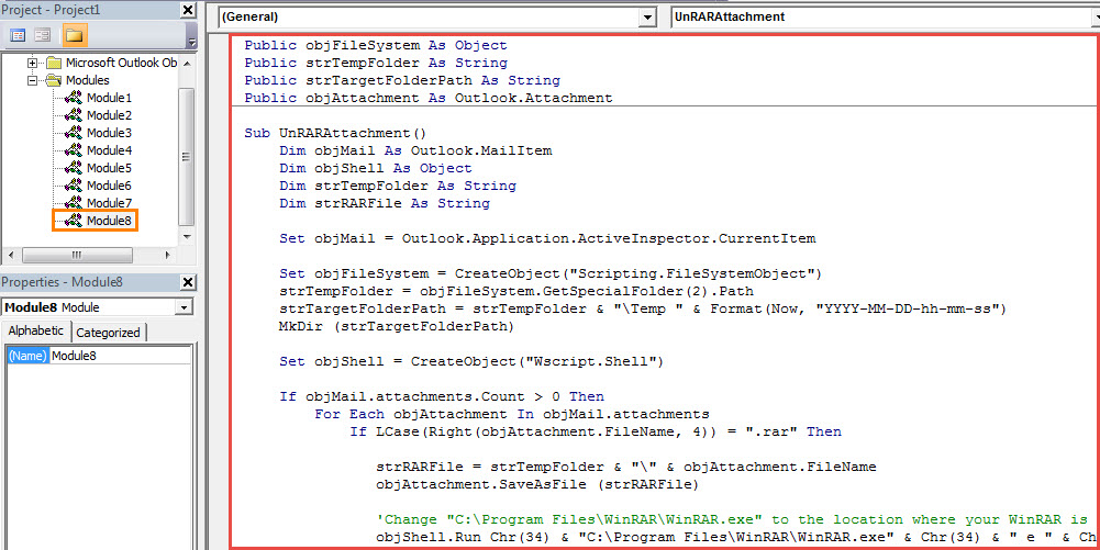 VBA Code - Unrar .RAR Attachments Directly in Outlook