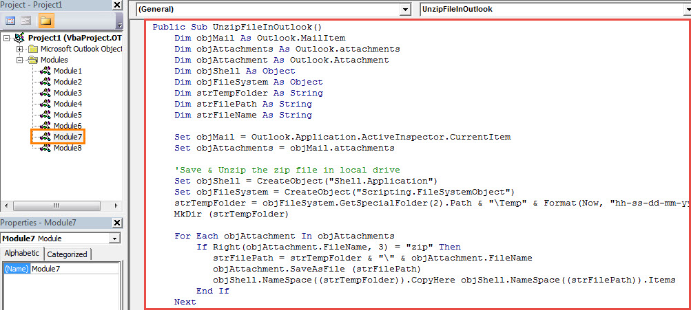 VBA Code - Unzip the .Zip Attachments Directly in Outlook