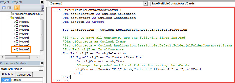 VBA Code - Batch Export Multiple Outlook Contacts as vCard Files