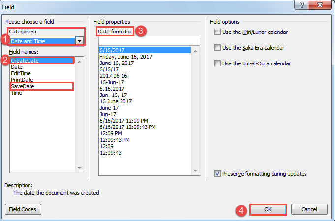 Choose "Date and Time"->Select "CreateDate" or "SaveDate"->Choose a Format->Click "OK"