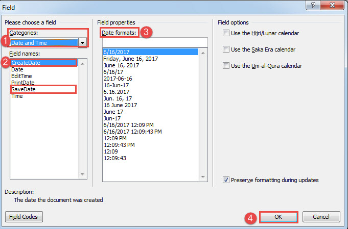 Choose "Date and Time"->Select "CreateDate" or "SaveDate"->Choose a Format->Click "OK"