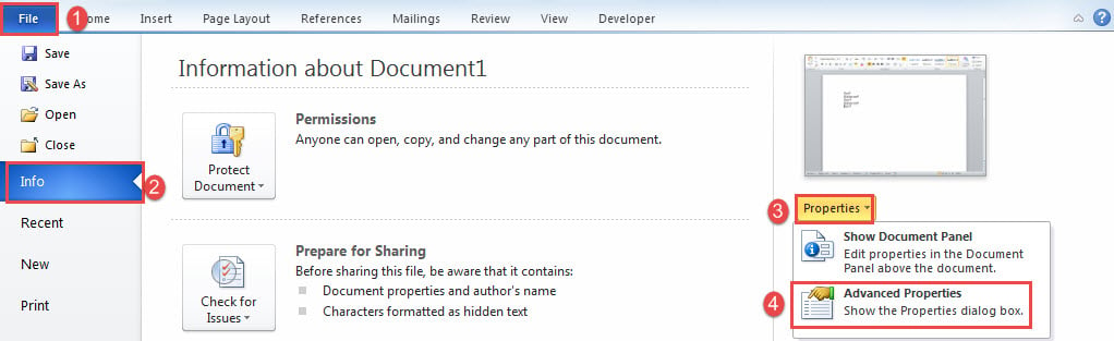 Click "File"->Click "Info"->Click "Properties"->Select "Advanced Properties"