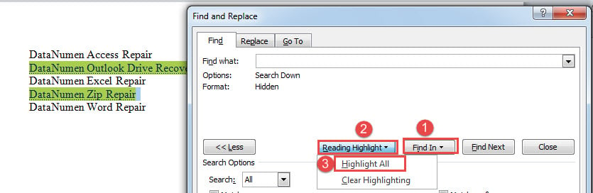 Click "Find In"->Click "Reading Highlight"->Choose "Highlight All"