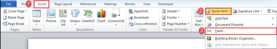 Click "Insert"->Click "Quick Parts"->Click "Field"