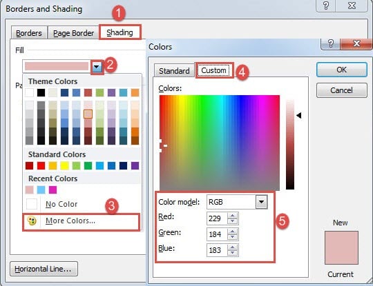 Click "Shading"->Click Drop-down Button->Choose "More Colors"->Click "Custom"->Choose "RGB"