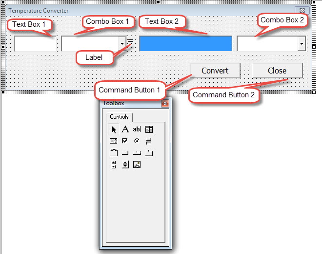 Create Two Text Boxes, Two Command Buttons, Two Combo Boxes and One Label