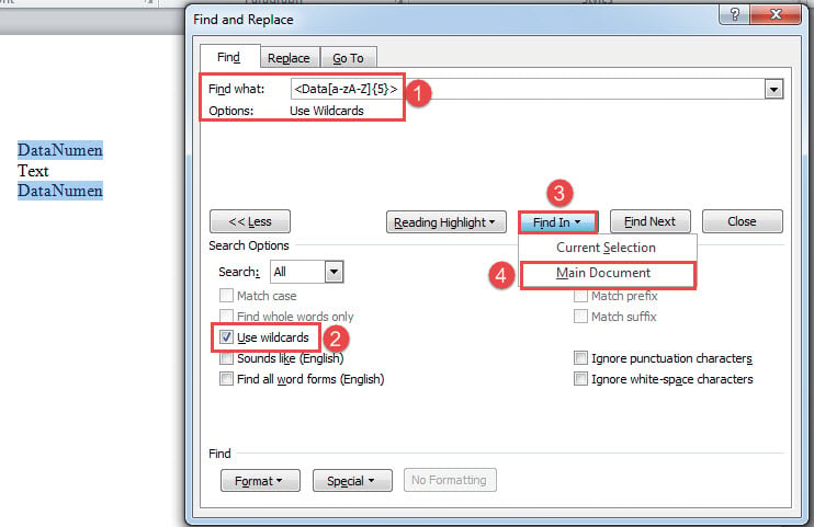 Enter Expression->Click "More"->Check "Use wildcards"->Click "Find In"->Choose "Main Document"