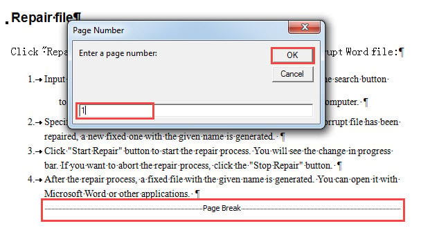 Enter Page Number->Click "OK"