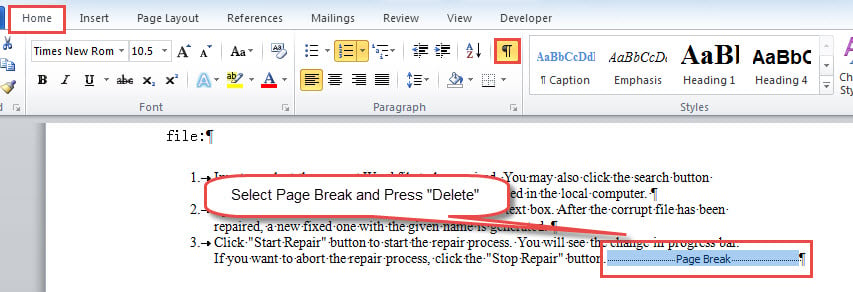 Select Page Break ->Press "Delete"