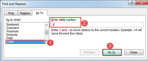 Select Table->Enter a Table Number->Click "Go To"