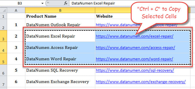 Press “Ctrl + C” key shortcuts to copy the selected cells