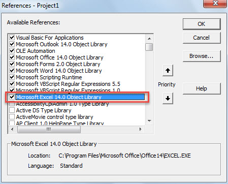 Enable “Microsoft Excel Object”