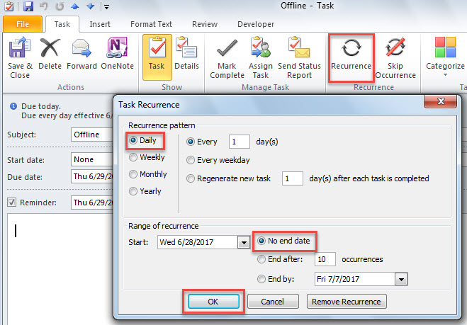 Create a daily recurring Task item