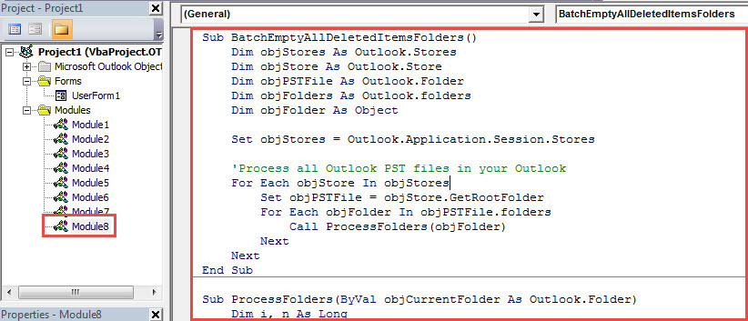 VBA Code - Batch Empty All "Deleted Items" Folders in All Your Outlook Email Accounts