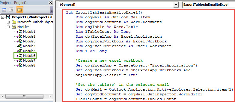 VBA Code - Export All Tables from an Outlook Email to an Excel Workbook