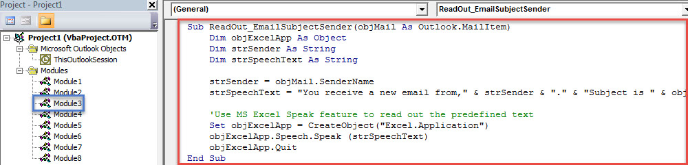 VBA Code - Outlook Auto Read out the Subject & Sender of Each Incoming Email