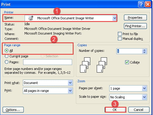 Choose Printer->Select "All" for Page Range->Click "OK"