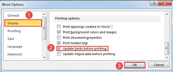 Click "Display"->Check "Update fields before printing" Box->Click "OK"