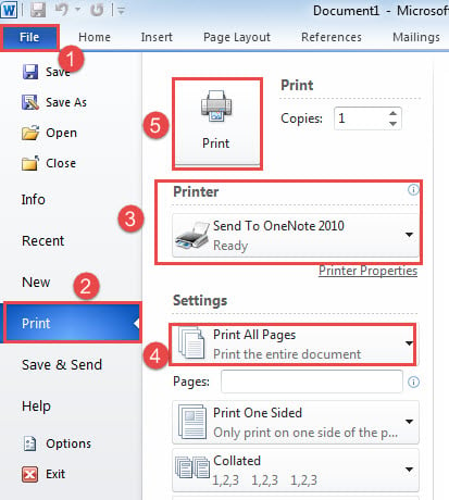 Click "File"->Click "Print"->Choose "Send to OneNote 2010" Printer->Choose "Print All Pages"->Click "Print"