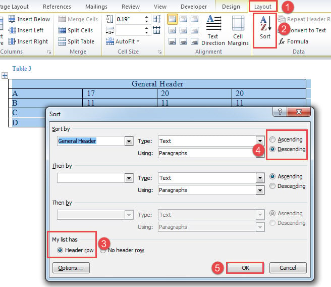 Click "Layout"->Click "Sort"->Select "Header row"->Choose a Sorting Rule->Click "OK"