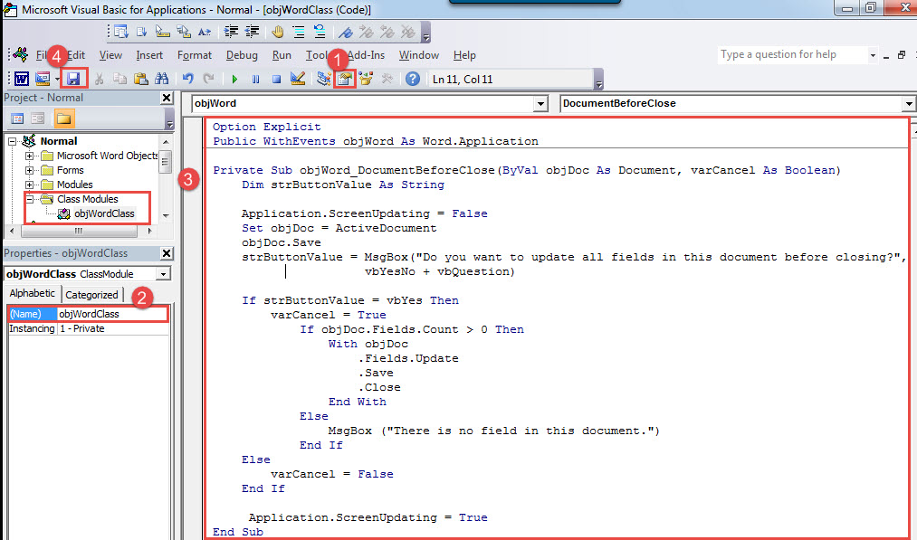Click "Properties Window"->Name the Class Module->Paste Codes->Save Codes
