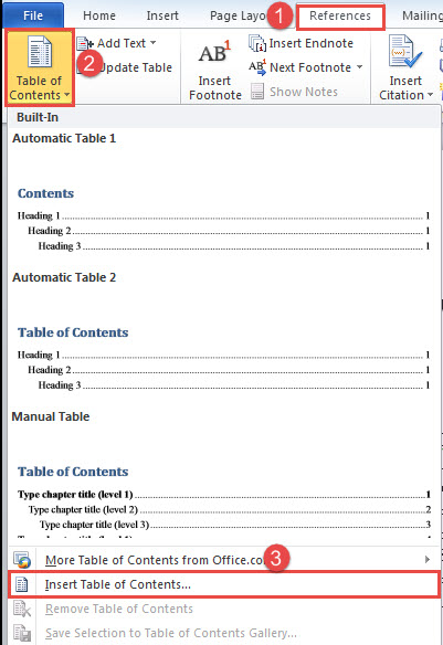 Click "References"->Click "Table of Contents"->Click "Insert Table of Contents"