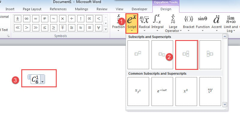 Click "Script"->Choose "Subscript-Superscript" Structure ->Enter Texts in Equations