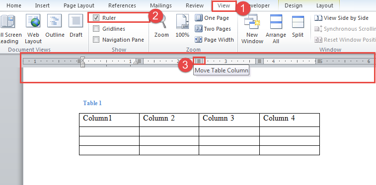 Click "View"->Check "Ruler" Box->Adjust Column Width